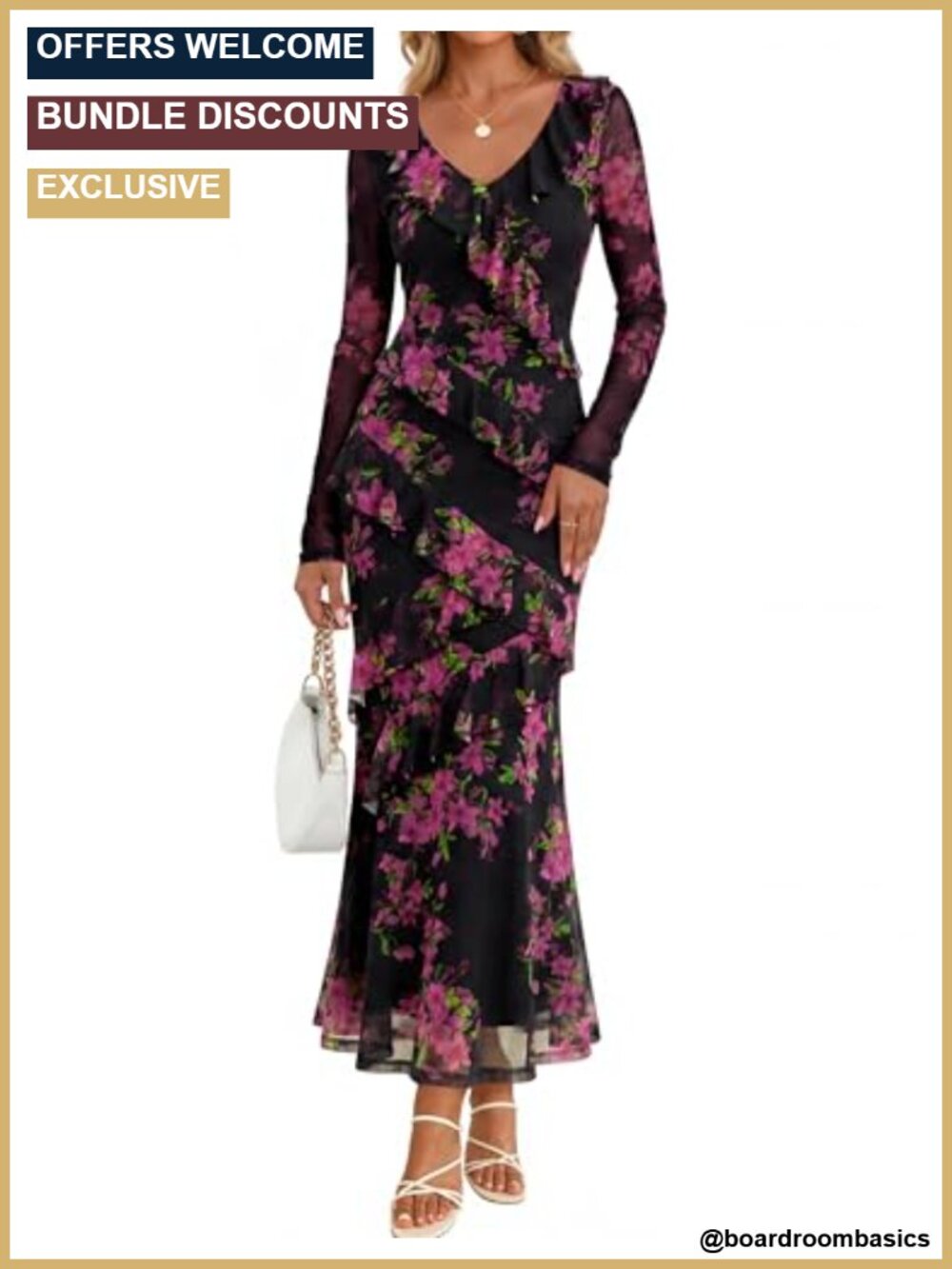 Long Sleeve Floral Maxi Dress Mesh Bodycon Tiered Ruffle Formal